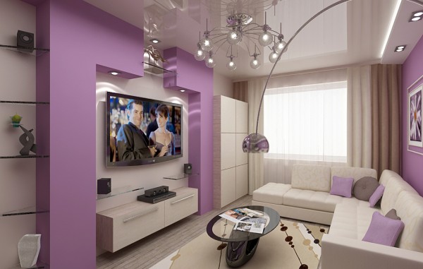 Фиолетовый цвет в интерьере гостиной